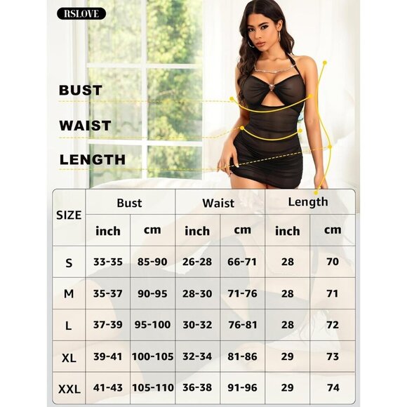 🆕 Women Black Halter Babydoll Sexy Lingerie Dress Mesh Chemise Nightdress Chain - Picture 5 of 5